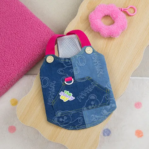 Color Block Dog Denim Vest Breathable Mesh Lining Small Pet Harness Vest With D-Ring Bear Pattern Puppy Kitten Clothing
