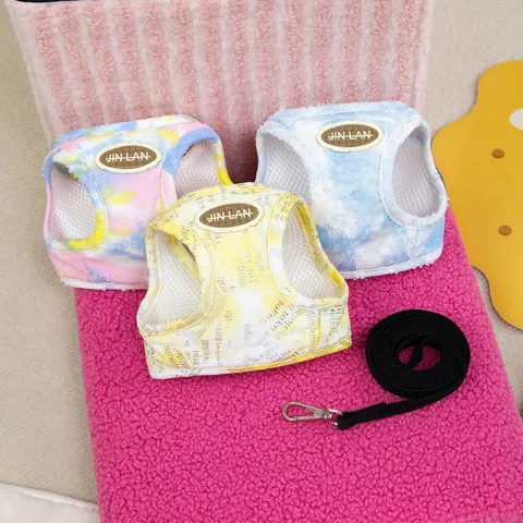 Vibrant Tie-Dye Pet Dog Cat Vest Harness And Leash Breathable Mesh Adjustable Soft Cotton Denim Harness For Small Puppies