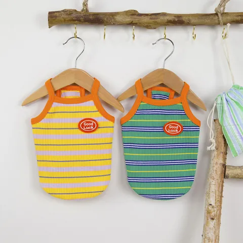 Casual Striped Pet Vest Cotton Blend Dog Clothes Good Luck Patch Small Dogs Cats Breathable Tank Top Yellow Green