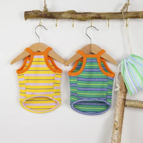Casual Striped Pet Vest Cotton Blend Dog Clothes Good Luck Patch Small Dogs Cats Breathable Tank Top Yellow Green