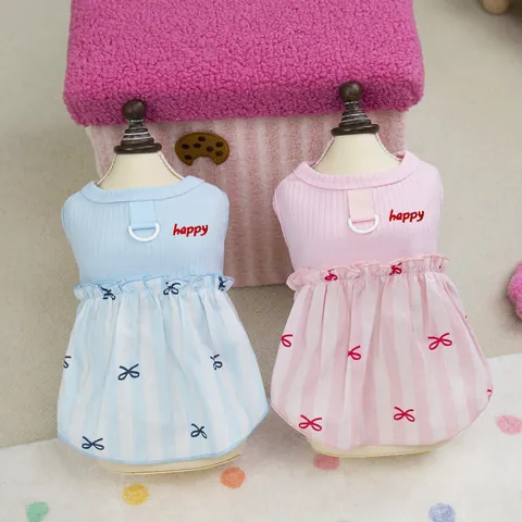 Pet Dog Dress Cotton Blend Striped Princess Puppy Skirt With Happy Embroidery And Leash D-Ring For Small Dogs Cats Pink Blue