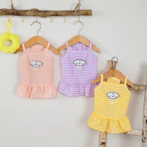Pet Plaid Dress With Puppy Embroidery Ruffle Hem Cotton Blend Dog Cat Suspender Skirt For Summer Daily Small Animals Outfit