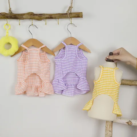 Pet Plaid Dress With Puppy Embroidery Ruffle Hem Cotton Blend Dog Cat Suspender Skirt For Summer Daily Small Animals Outfit