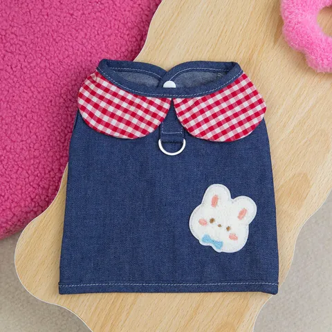 Cute Denim Pet Harness Vest With Peter Pan Plaid Collar Cartoon Rabbit Embroidery D-Ring Harness Clothing For Small Dogs Cats