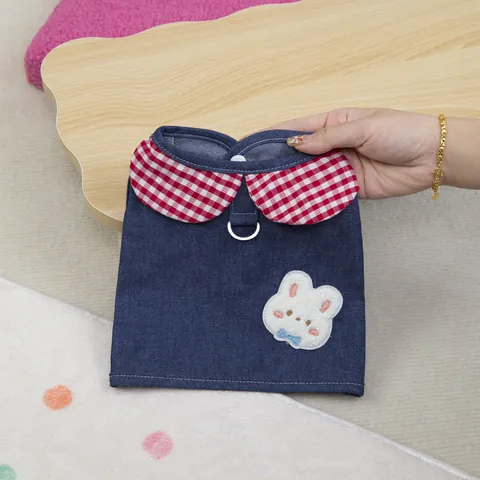 Cute Denim Pet Harness Vest With Peter Pan Plaid Collar Cartoon Rabbit Embroidery D-Ring Harness Clothing For Small Dogs Cats