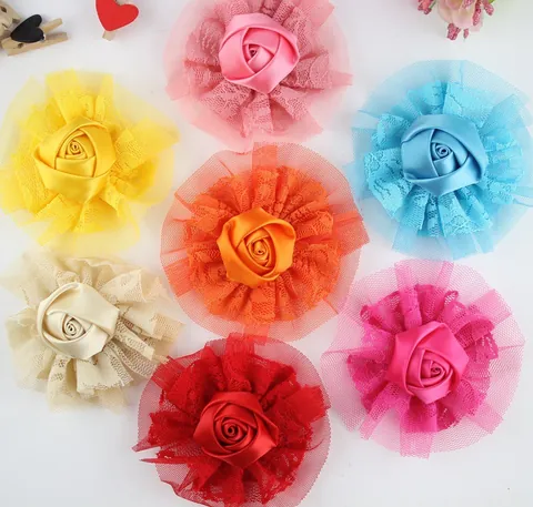 Handmade Double Layer Lace Flower With Satin Rose For Baby Girls DIY Hair Accessories Soft Fabric Headband Decoration