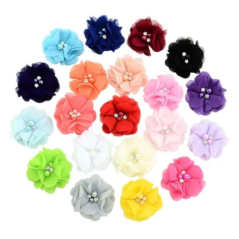 Fiore in Chiffon Fatto a Mano Con Centro di Künstliche Perle Sintetiche e Strass per Accessori Capelli DIY Decorazione Abbigliamento