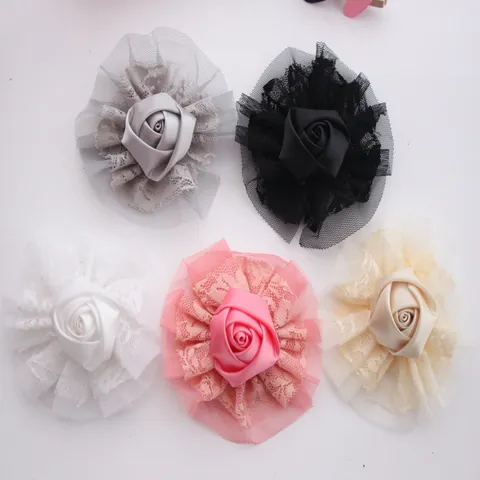 Handmade Double Layer Lace Flower With Satin Rose For Baby Girls DIY Hair Accessories Soft Fabric Headband Decoration