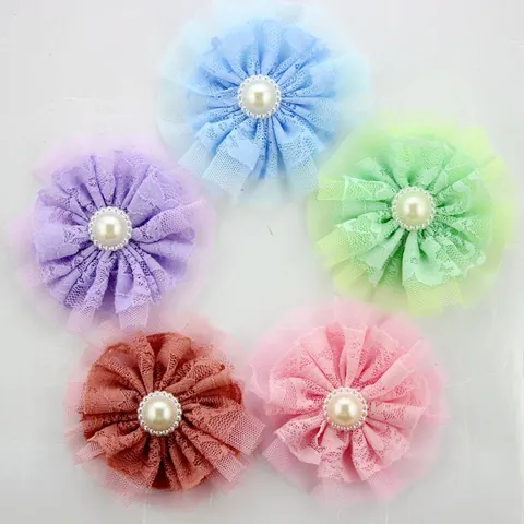 Handmade Double Layer Lace Mesh Flower Decoration With Faux Artificial Pearl Center For Hair Clip Brooch Clothing Accessory DIY Crafts