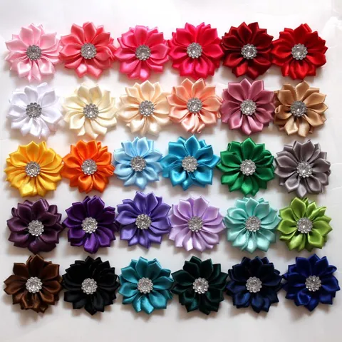 Handgefertigte Satinband Blume Mit Strass Spitze Blütenblatt DIY Haarschmuck Für Hochzeit Party Basteln Flache Blume