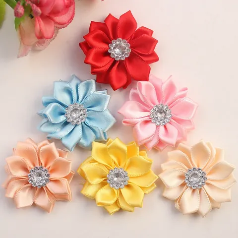 Handgefertigte Satinband Blume Mit Strass Spitze Blütenblatt DIY Haarschmuck Für Hochzeit Party Basteln Flache Blume