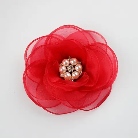 Fleur de Rose 3D en Organza de 10cm Avec Bouton de Perles et Strass DIY Accessoire Cheveux Décoration Vêtements