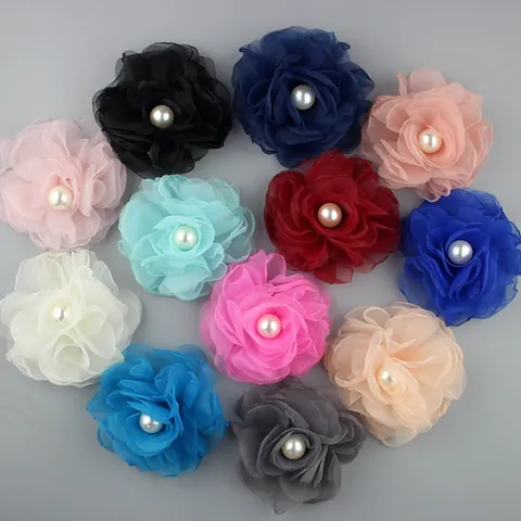 Handmade Burnt Edge Organza Rose Flower With Faux Pearl DIY Hair Accessories Clothing Decoration Mesh Flower For Crafts