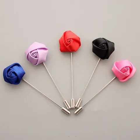 Handmade Mini Rose Bud Lapel Pin Polyester Satin Flower Alloy Long Needle Brooch For Suit Wedding Banquet Party Accessories