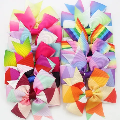 Gradient Rainbow Grosgrain Ribbon Bow Hair Clips For Kids Toddler Girls Handmade Striped Geometric Pattern Hair Accessories