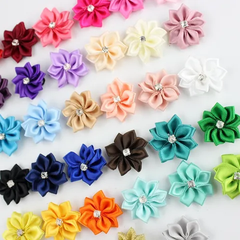 Fleur en Ruban de Polyester Fait Main Avec Strass Accessoire de Coiffure DIY Mini Décoration Florale en Satin Pour Enfants Filles