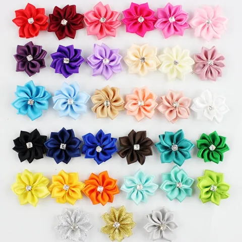 Fleur en Ruban de Polyester Fait Main Avec Strass Accessoire de Coiffure DIY Mini Décoration Florale en Satin Pour Enfants Filles