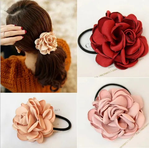 Haargummi Im Koreanischen Stil Aus Chiffon Mit Gebrannter Kante Rose Blume Elegant 3D Kamelie Stoff Elastisches Haarband Damen Kopfschmuck