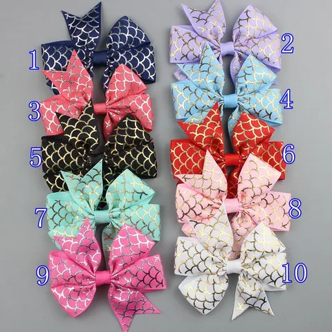 Handmade Grosgrain Ribbon Mermaid Bows With Metallic Gold Silver Scale Print Mermaid Tail Flat Back Bow DIY Hair Accessories