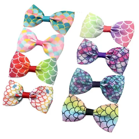 Gradient Mermaid Fish Scale Pattern Grosgrain Ribbon Bowknot For Hair Accessory DIY Crafts Flat Back Bow Decoration