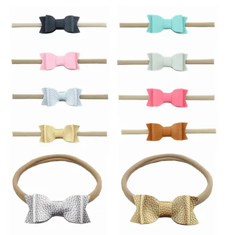 Infant Baby Faux Leather Bow Headband Soft Stretchy Nylon Hair Band For Newborn Toddler Girls Lychee Texture Headwear