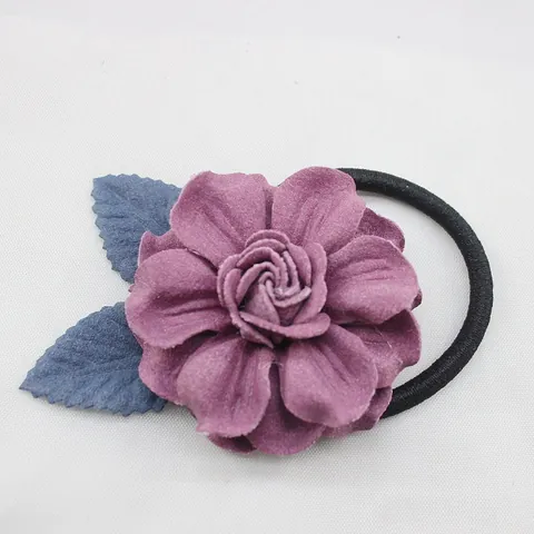 Coletero de Flores de Camelia de Estilo Coreano Tela Floral Cuerda de Pelo Elástica con Decoración de Hojas para Mujer Niña