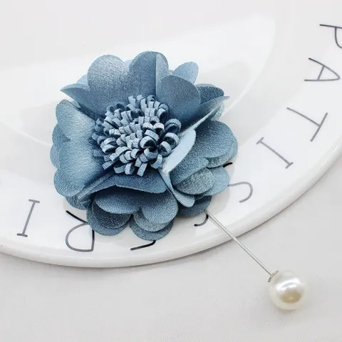 Handmade Elegant Fabric Flower Long Pin Brooch With Faux Artificial Pearl Alloy Chic Floral Lapel Pin For Women Wedding Party Jewelry