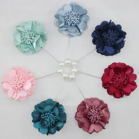 Handmade Elegant Fabric Flower Long Pin Brooch With Faux Artificial Pearl Alloy Chic Floral Lapel Pin For Women Wedding Party Jewelry