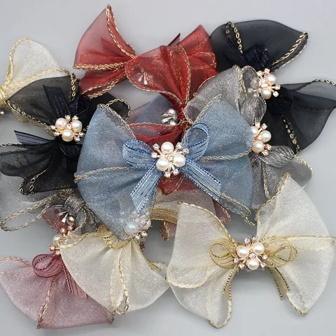 DIY Organza Schleife Zubehör Mit Goldrand Künstliche Perle Strass Flache Rückseite Dekoration Für Kleidung Taschen Haar Schmuckherstellung