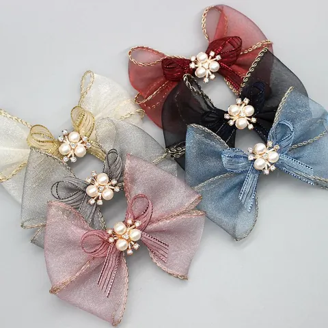 DIY Organza Schleife Zubehör Mit Goldrand Künstliche Perle Strass Flache Rückseite Dekoration Für Kleidung Taschen Haar Schmuckherstellung