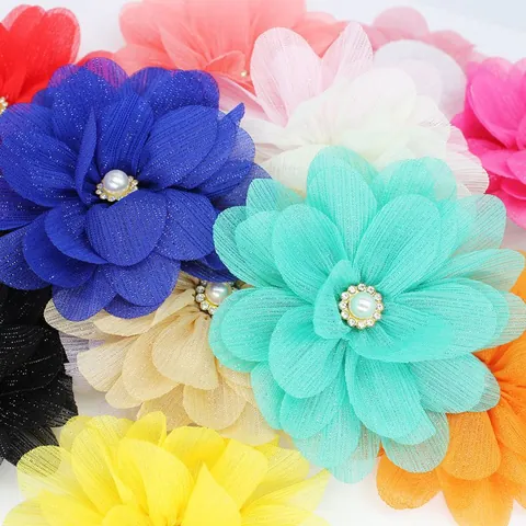 Handmade Chiffon Fabric Flower DIY Garment Accessories Rhinestone Artificial Pearl Flatback Simulation Flower For Hat Shoe Hair Decoration