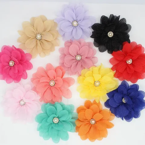 Kids Chiffon Flower Hair Clip For Girls Rhinestone Faux Artificial Pearl Floral Hairpin Boutique Dance Party Sweet Hair Accessories
