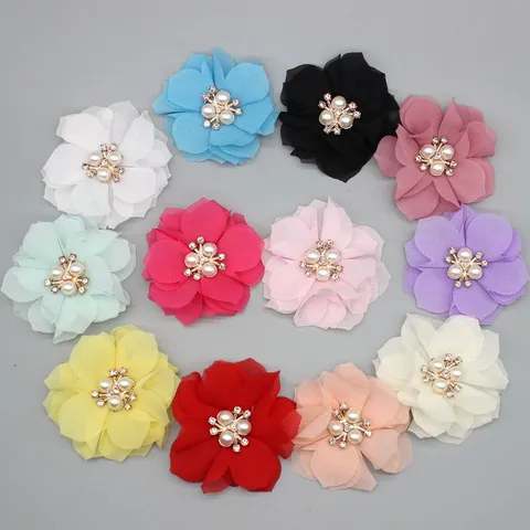 Accessoire Fleur en Mousseline Fait Main Avec Perle d'Imitation Strass pour Barrettes Broches Décoration de Vêtements DIY Craft