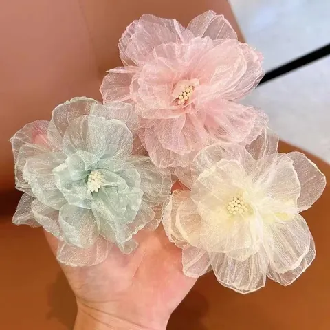 Elegante Fermaglio per Capelli a Fiore in Organza per Bambine Fatto a Mano con Bordo Bruciato Dolce Accessori Capelli