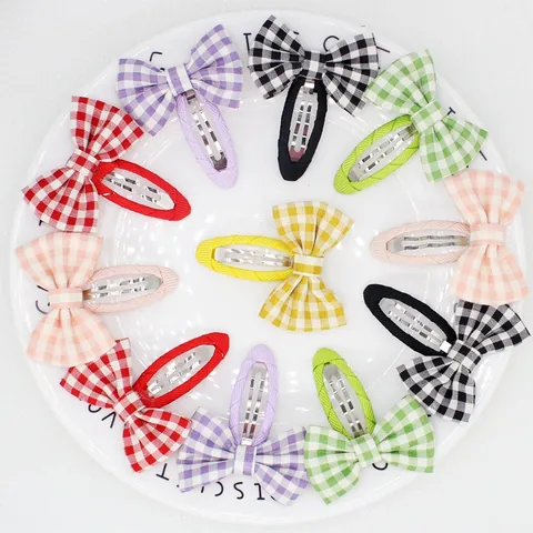 Cute Gingham Bowknot Hair Clips For Girls Toddlers Fabric Plaid Bow Barrettes Handmade Non-Slip BB Clips Sweet Hair Accessories