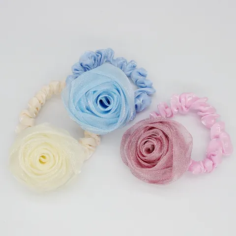 Korean Style Organza Rose Flower Hair Scrunchie Elegant Vintage Floral Elastic Hair Band For Women Hair Accessories