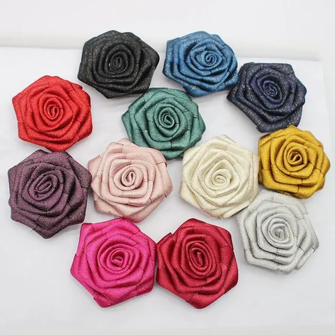 Rosa de Cinta Hecha a Mano Accesorios DIY Flor de Tela de Satén con Seda Dorada Para Pinza de Pelo Broche Decoración de Ropa Embalaje de Regalo Flor Artificial Decorativa