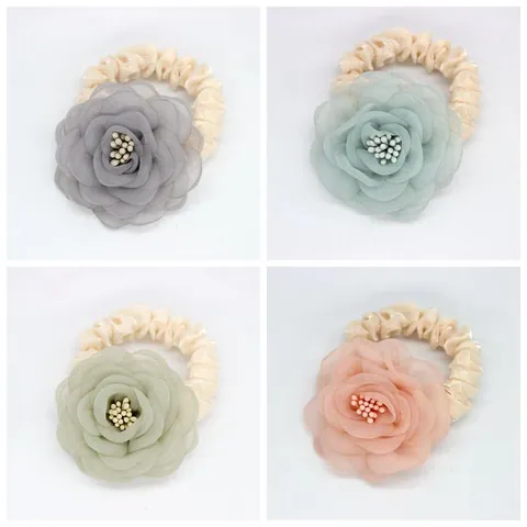 Chouchou Fleur Camélia Style Français Organza Fait Main Floral Élastique Cheveux Élégant Perles Support Queue de Cheval Femme Accessoires de Mode