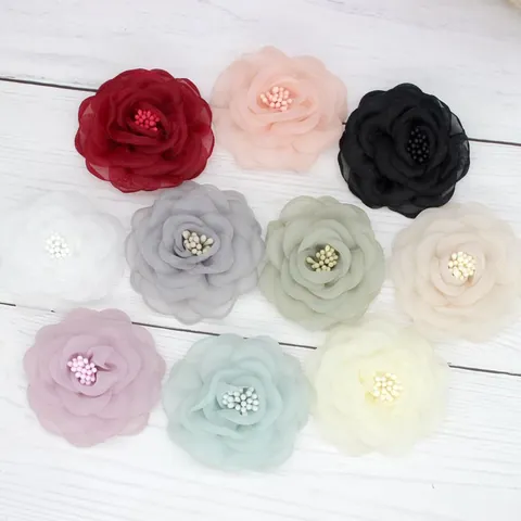 Spilla Fai-da-te Fiore di Camelia in Organza 3D Clip per Capelli per Decorazione Abbigliamento Fatto a Mano Bordo Bruciato Accessorio Floreale