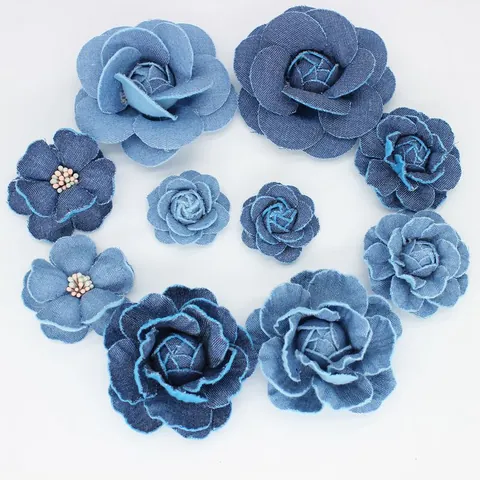Accessorio Fai da Te in Tessuto Denim Fatto a Mano Fiore di Camelia Rosa per Abbigliamento Capelli Creazione Gioielli Fiori in Denim Blu Vintage