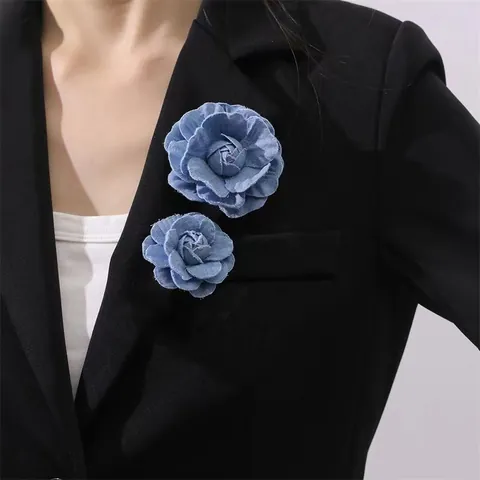 Vintage Handmade Denim Flower Brooch Camellia Hair Clip Dual Purpose Fabric Pin For Women Men Suit Jacket Decor Accessory