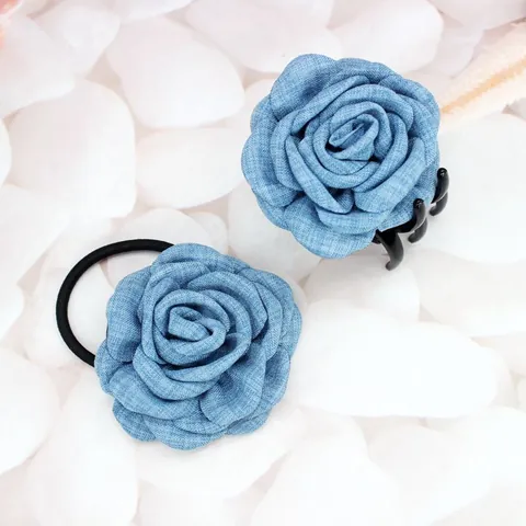Vintage Denim Fabric Rose Flower Hair Scrunchie Hair Claw Clip For Women Girls Korean Style Elegant Hair Accessories Blue