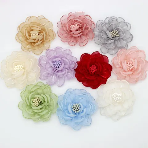 Applique Floreale in Tessuto di Camelia in Organza 3D Fatta a Mano per Accessori per Abbigliamento Capelli DIY Spilla Ornamento