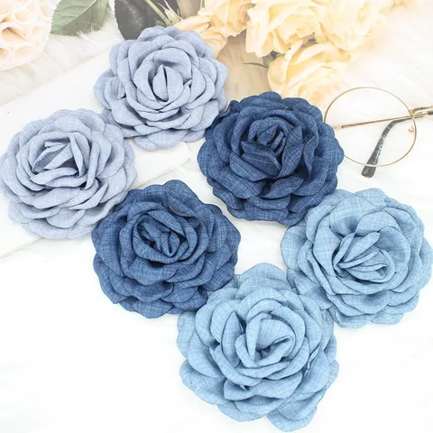 Handmade Denim Fabric Rose Flower Brooch Hair Clip Versatile 3D Floral Decoration Large Small Denim Accessory For Women