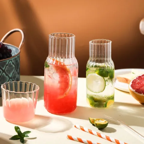 Ensemble Carafe Et Tasse En Verre Nervuré Résistant à La Chaleur Pichet à Eau En Verre Borosilicaté Avec Couvercle Pour Jus Lait Thé Aux Fleurs Style Japonais Maison Bureau