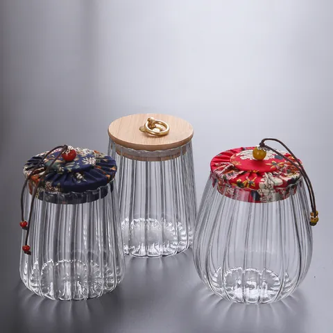 Bocal de Rangement en Verre Cannelé Vintage Avec Couvercle en Bois et Tissu Boîte à Thé Rayée pour Cuisine