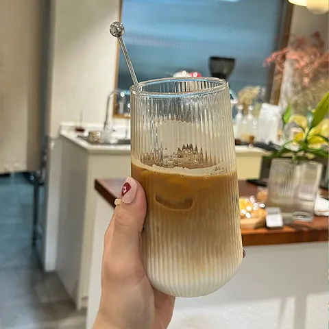 Bicchiere in Vetro Borosilicato Resistente al Calore Righe Verticali Mug per Caffè Latte Soda Succo Stile Minimalista