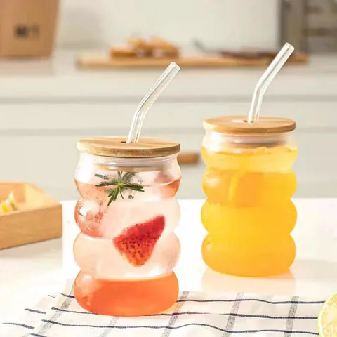 Heat Resistant High Borosilicate Glass Ripple Cup With Wood Lid And Glass Straw Modern Minimalist Transparent Caterpillar Shape Coffee Milk Drinking Water Cup For Home Office