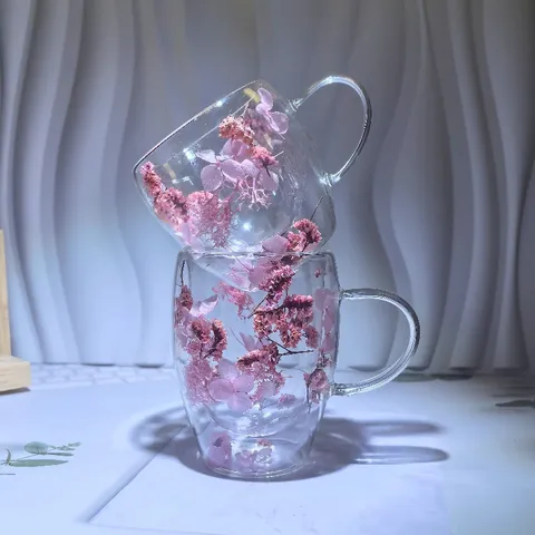 Double Wall Glass Mug With Embedded Dried Flowers Borosilicate Glass Heat Resistant Insulated Coffee Tea Cup Women Gift