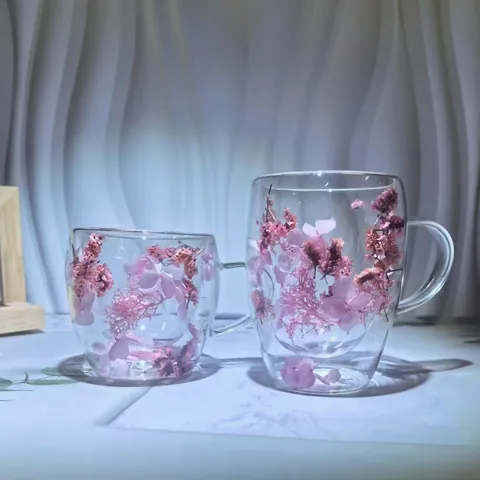 Double Wall Glass Mug With Embedded Dried Flowers Borosilicate Glass Heat Resistant Insulated Coffee Tea Cup Women Gift